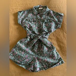 SEZANE Floral Khaki Green Romper Shorts Jumpsuit Size M EU 38